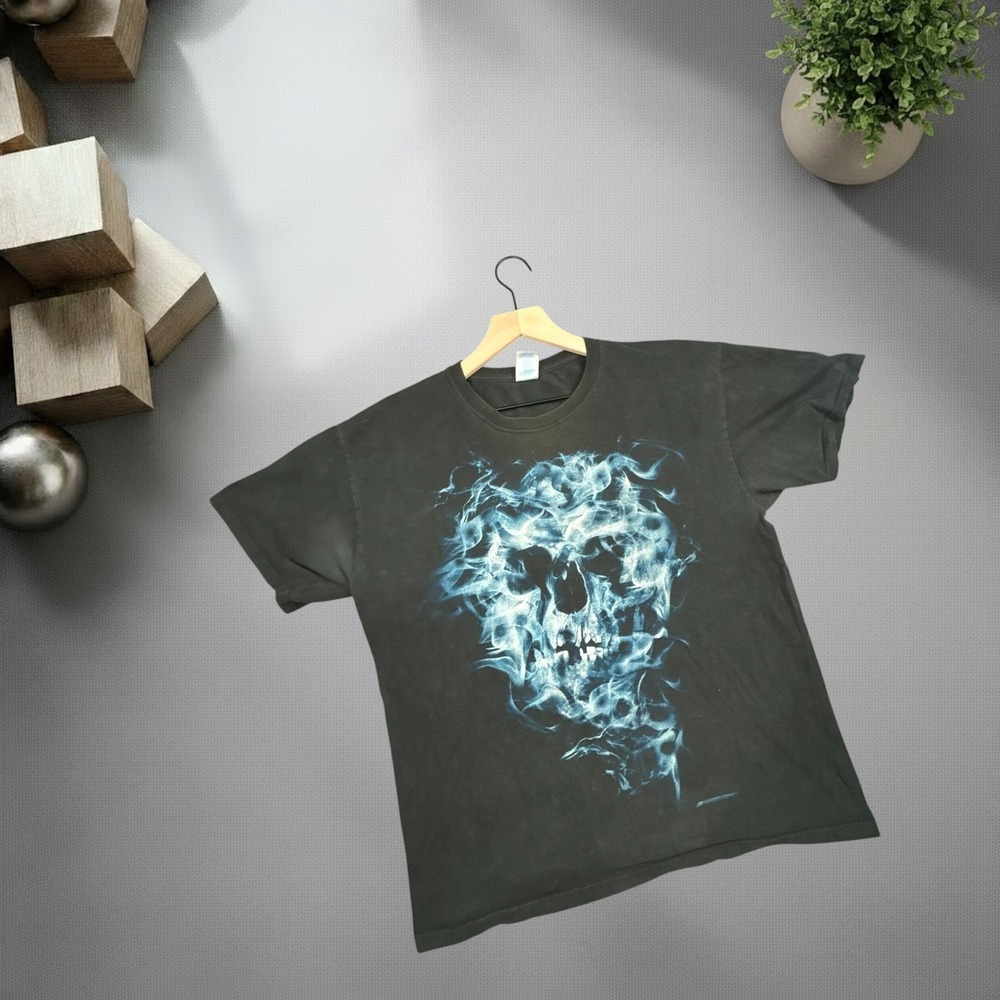 Vintage M&O Knits Blue Smoke Skull Graphic T-Shirt Black Y2K Grunge‎ Mens Large